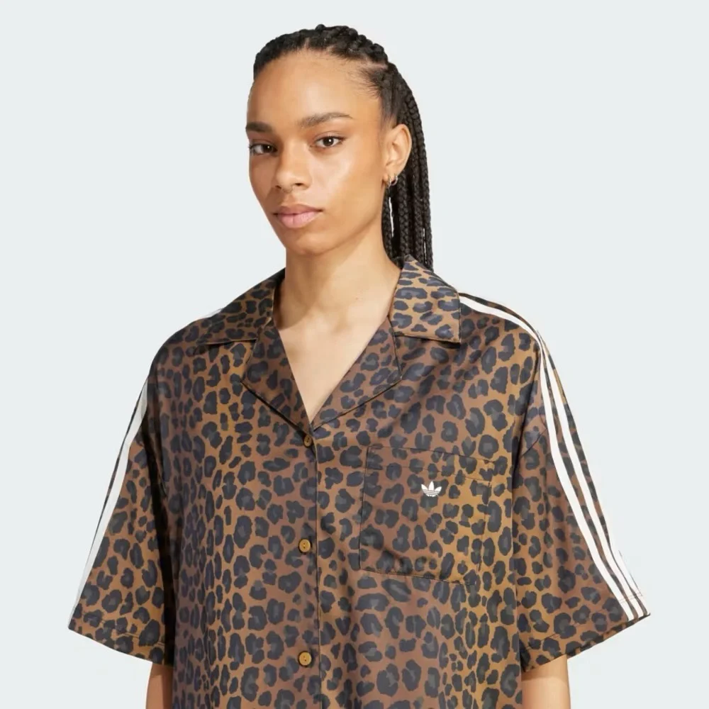 Adidas Brown Leopard Print Satin Button Down Shirt